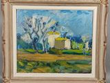 une peinture à l'huile représentant une maison et des arbres dans un champ
