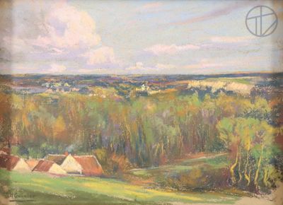 an oil painting of a landscape with a farm in the foreground