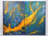 two paintings of a yellow and blue painting on a white wall