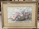 tableau représentant un panier de fleurs posé sur une table dans un magasin