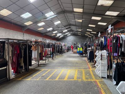 many racks of clothes on display in a large warehouse