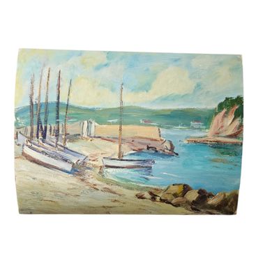un tableau représentant des bateaux amarrés au bord d'une baie