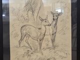 framed drawing of a deer and a fawn in a field