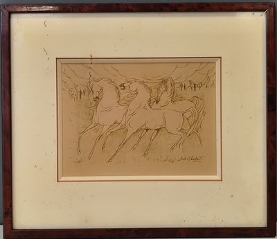 dessin représentant un groupe de personnes à cheval, dans un cadre en bois