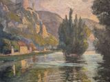 peinture représentant une scène fluviale avec un château au loin