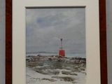 peinture représentant un phare rouge au milieu d'un paysage enneigé