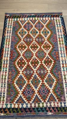 Kilim Afghan couleur bleue et blanc 198 x 127