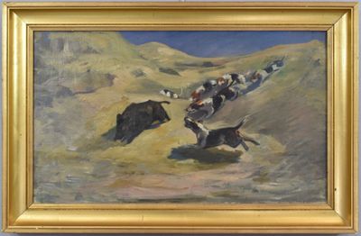 un tableau représentant un troupeau de bovins dévalant une colline