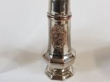 a silver salt and pepper shaker sitting on a table