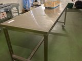 une grande table au milieu d'une cuisine, sur laquelle est posé un sac
