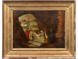 an oil painting of a group of people in a cave