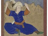 a painting of a man kneeling on the ground with a bird in his hand