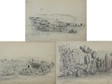 trois croquis représentant un paysage avec une rivière et un village