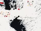 an image of a black and white painting with red, yellow, and black paint splattered on it