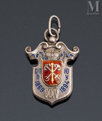 an image of a silver charm with a red and blue crest on it