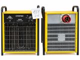 two yellow and black heaters sitting side by side on a white surface