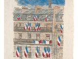 drawing of a building with a lot of flags flying in the air
