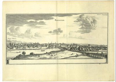 an old drawing of a view of a city with a bridge