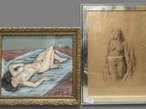 two paintings of a woman laying on a bed next to a picture of a naked woman