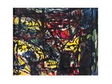 abstract painting of black, yellow, red, and blue colors