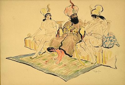 drawing of a group of people sitting on a rug in a room