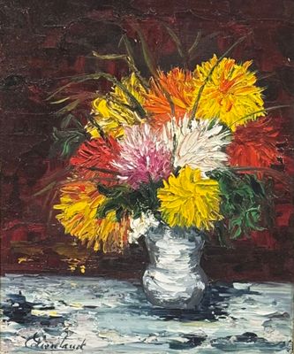 a painting of flowers in a vase on a table