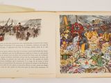 an open book with a picture of a group of people on horseback