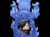 the figurine is made out of plastic and has a blue flame