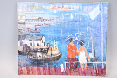 un tableau représentant un homme et une femme marchant sous la pluie