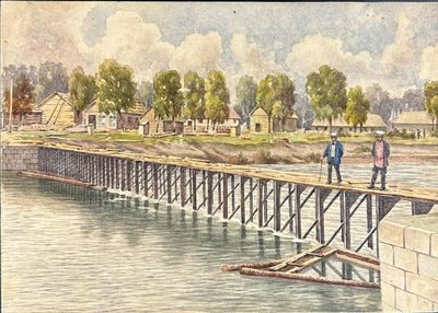 tableau représentant deux hommes debout sur un pont enjambant une rivière