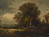 une image d'une peinture représentant un paysage avec des arbres et une rivière