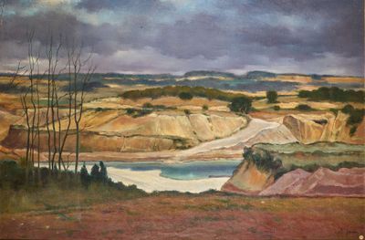 une peinture à l'huile représentant un paysage avec un plan d'eau au premier plan