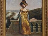 une peinture à l'huile représentant une femme vêtue d'une robe jaune et d'un chapeau