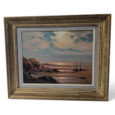 an oil painting of a beach scene with boats in the water