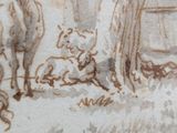 a drawing of a cow and a dog in a field
