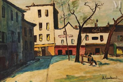 un tableau représentant un homme assis sur un banc au cœur d'une ville