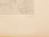 drawing of a man and a woman in profile, with a dog in the foreground