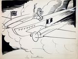drawing of a cartoon airplane with a man in a pilot ' s seat flying through the sky