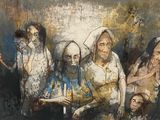 un tableau représentant un groupe de personnes debout, rassemblées