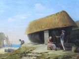 a painting of a man and a woman standing outside of a hut