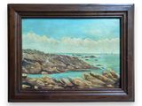 an oil painting of a rocky coast with a lighthouse in the distance