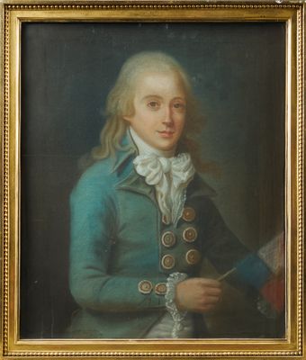 portrait of a man in a blue coat holding a red and white flag