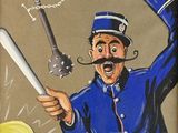 painting of a man in a blue uniform holding a gun and a baseball bat