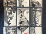 plusieurs photographies en noir et blanc représentant un bâtiment et un banc