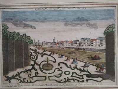 painting of a view of a city with a clock on the top of it
