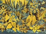 a blue and yellow rug with birds and flowers on it