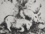 a black and white drawing of a cat laying on a rock