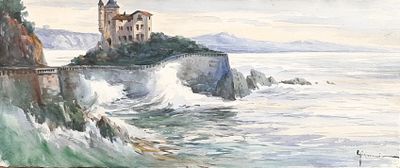 a painting of a castle on a cliff by the ocean