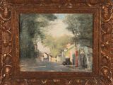 an oil painting of a street scene with a car parked on the side of the road