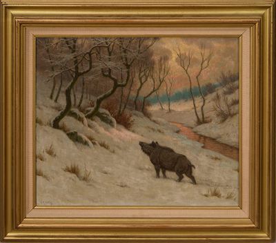 an oil painting of a boar in a snowy landscape by a stream